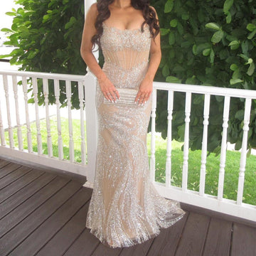 Niulatu Strapless Sheath Champagne Long Prom Dresses Rhinestone Tulle Birthday Dresses Champagne Evening Dresses HZ1026